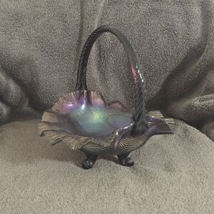 Fenton Amethyst Stretch Glass, Ruffle Edge Footed Basket.